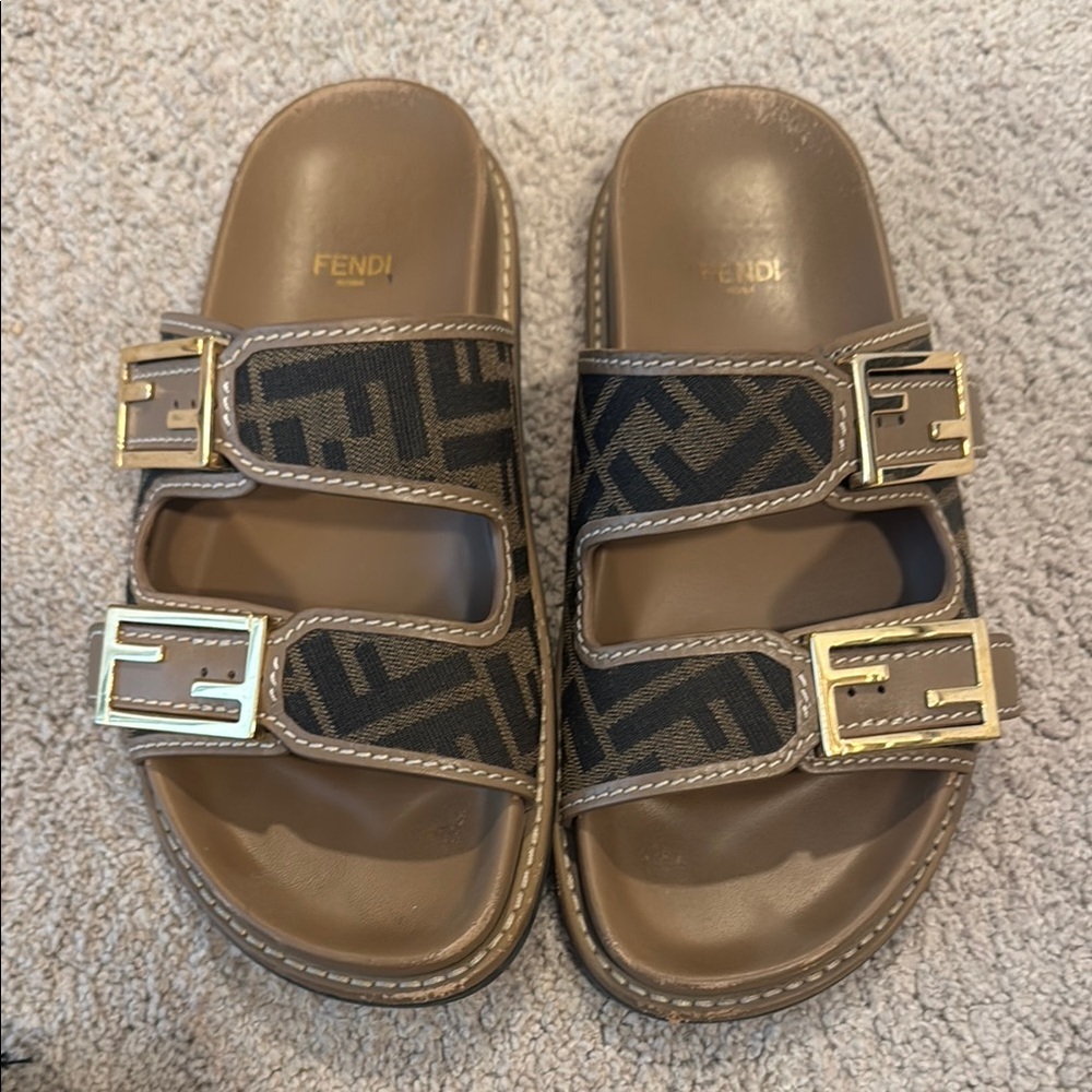 Fendi Black and Tan Sandals with Gold Buckles